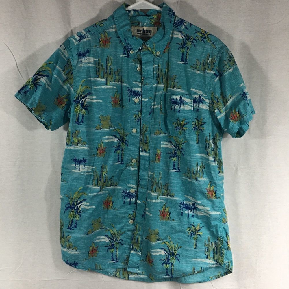 Tropical Urban Pipeline Medium blue desert palm tree scene short sleeved button